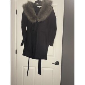 Vintage Kenneth Cole Large Winter French Coat W Removable Fur Collar Belt Black